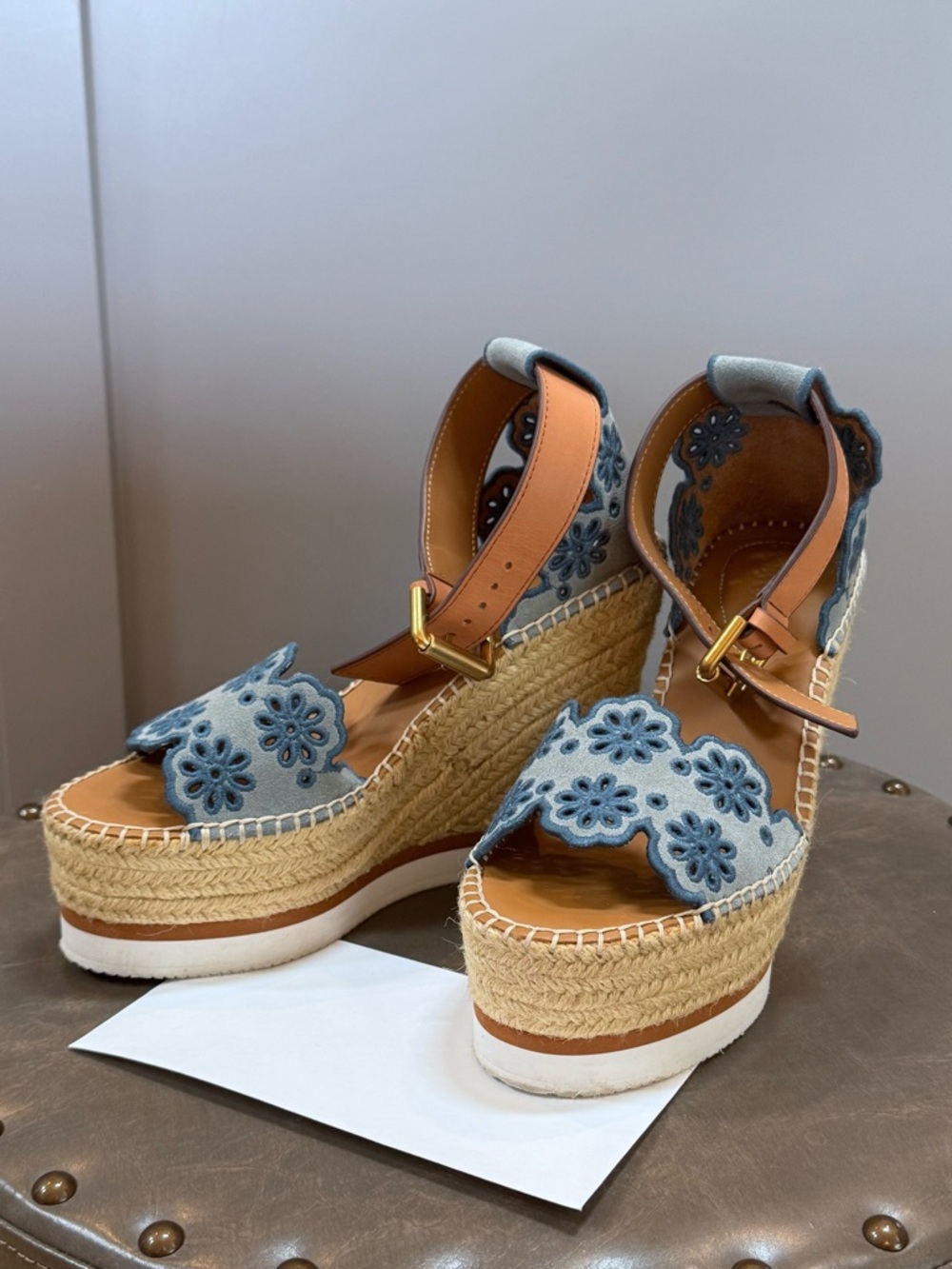 Suede Flower Eyelet Trim Espadrille Platforms – See by Chloé
